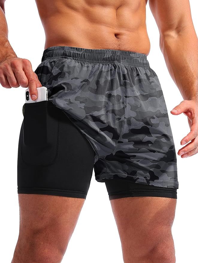 Pudolla Men’s 2 in 1 Running Shorts 5" Quick Dry Gym Athletic Workout Shorts for Men with Phone... | Amazon (US)