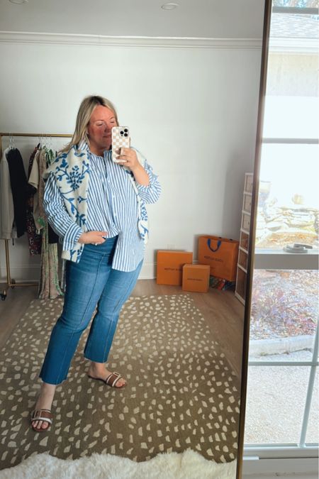 Still in my blue era 
Loving this stripe shirt and sweater combo from sezane 
Wearing a size 14 and size xl sweater. Wanted them both oversized. 


#LTKSeasonal #LTKmidsize #LTKstyletip