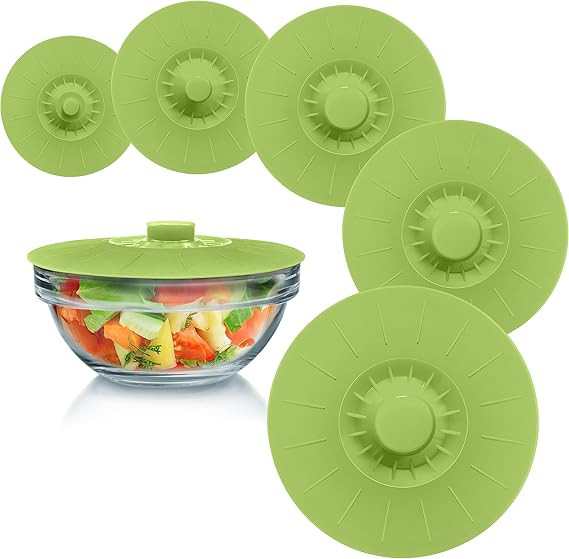 Silicone Bowl Lids Green Set of 5 Reusable Suction Seal Covers for Bowls, Pots, Cups. Food Safe. ... | Amazon (US)