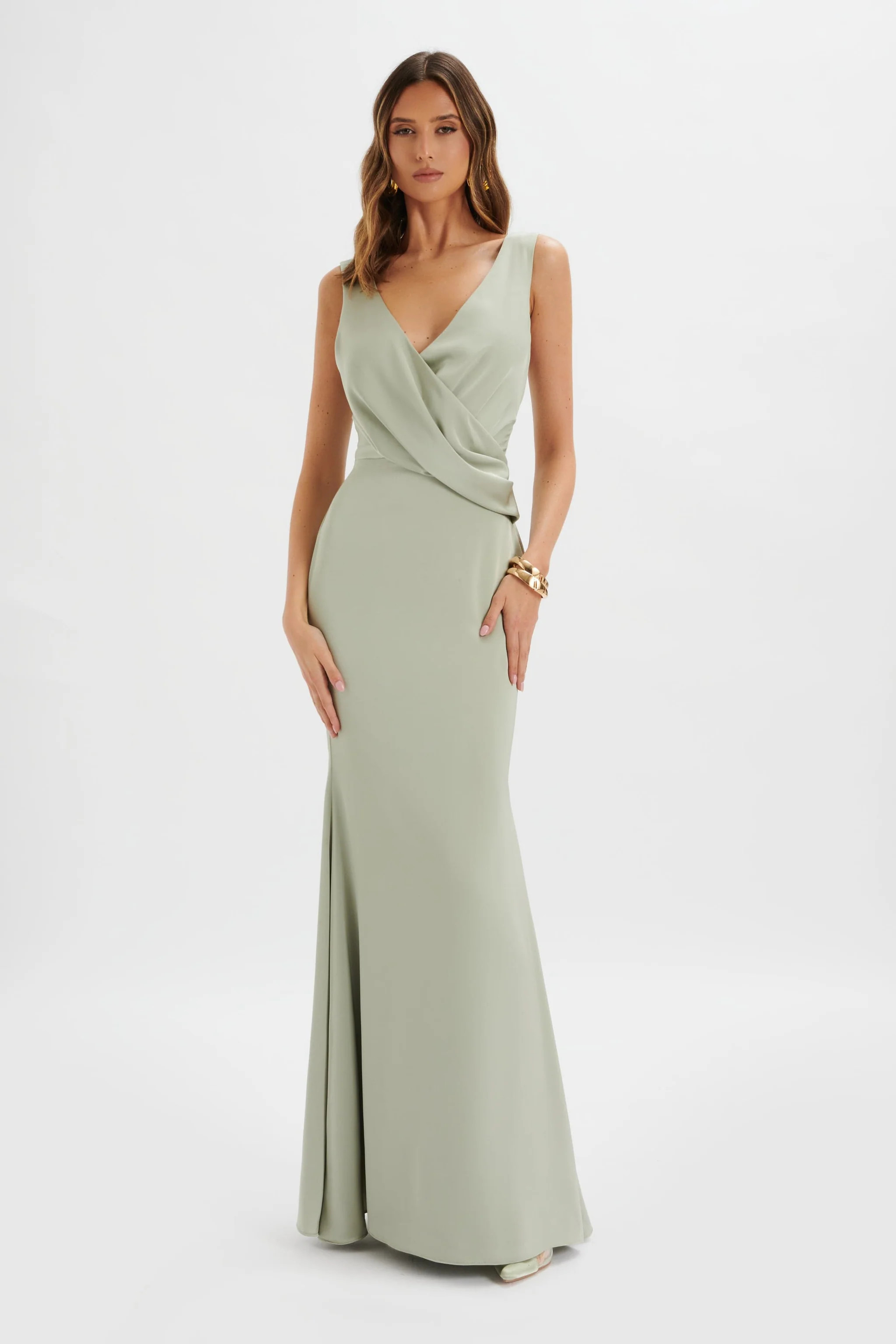 ELLE Draped Wrap Satin Maxi Dress in Sage Green | Lavish Alice Retail Ltd