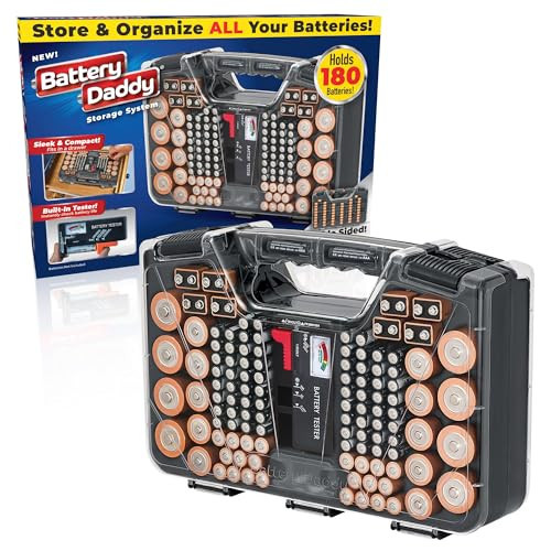 Battery Daddy Storage & Organizer Case w/Tester, Stores & Protects Up to 180 Batteries, Double-Sided, Clear Locking Lid, Secure Latches & Portable Carrying Handle - Charcoal (Batteries Not Included) | Amazon (US)