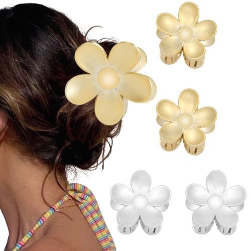 AWAYTR Hair Clip, 4Pcs Matte Small Flower Claw Clips - Nonslip Strong Hold for Women and Girls (White + Silver, 3 Inch, Plastic) | Amazon (US)