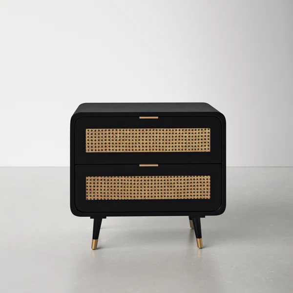Bates 24.4'' Tall 2 - Drawer Solid Wood Nightstand in Black/Natural/Brass | Wayfair North America