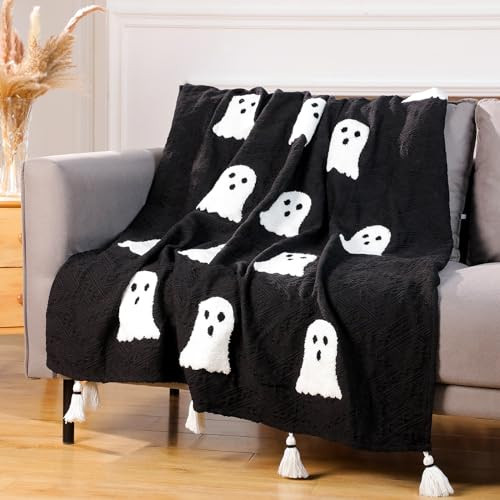 VitalCozy Halloween Ghosts Throw Blanket with Tassels Pastel and Multicolor for All Seasons Bedroom Living Room Sofa Couch and Lightweight Outdoor Travel 50 x 60 Inch (Black) | Amazon (US)