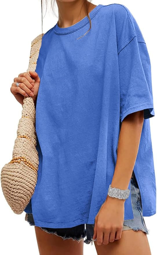 UNCLECAT Womens Oversized T Shirts Summer Trendy Short Sleeve Crew Neck Tops Loose Fit Side Slit ... | Amazon (US)
