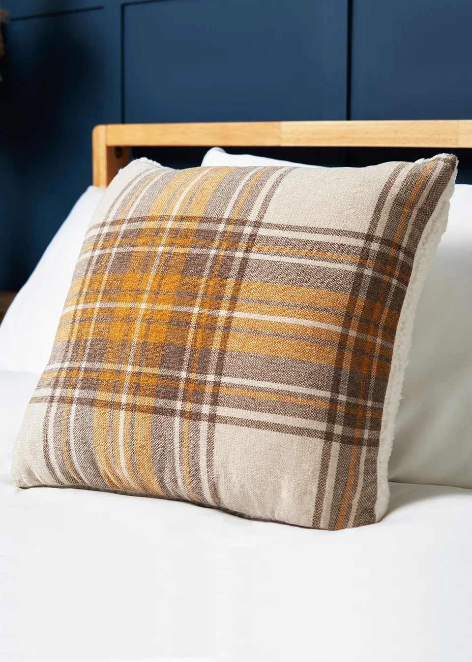BHS Luxury Warm Ochre Check Cushion with Faux-Shearling (40x40cm) | Matalan (UK)