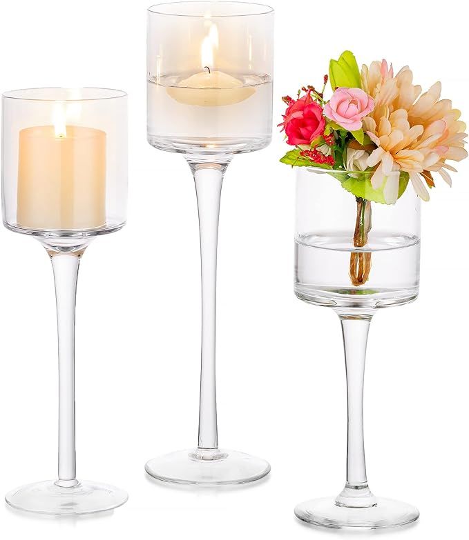 Glass Candle Holder for Table Centerpiece - Tall Tea Lights Candle Holder, Elegant Clear Long Ste... | Amazon (US)