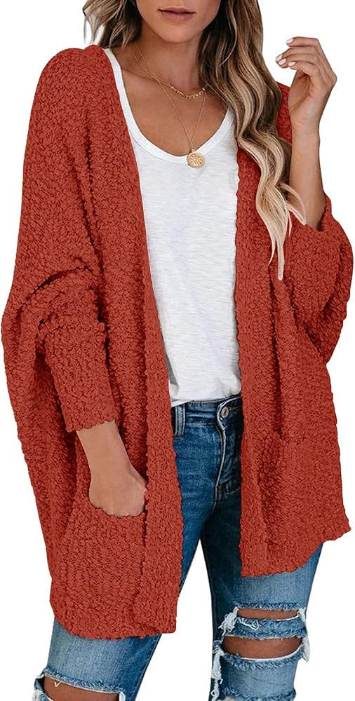 TECREW Women's Fuzzy Popcorn Cardigan Batwing Sleeve Open Front Chunky Sweater Outwear | Amazon (US)