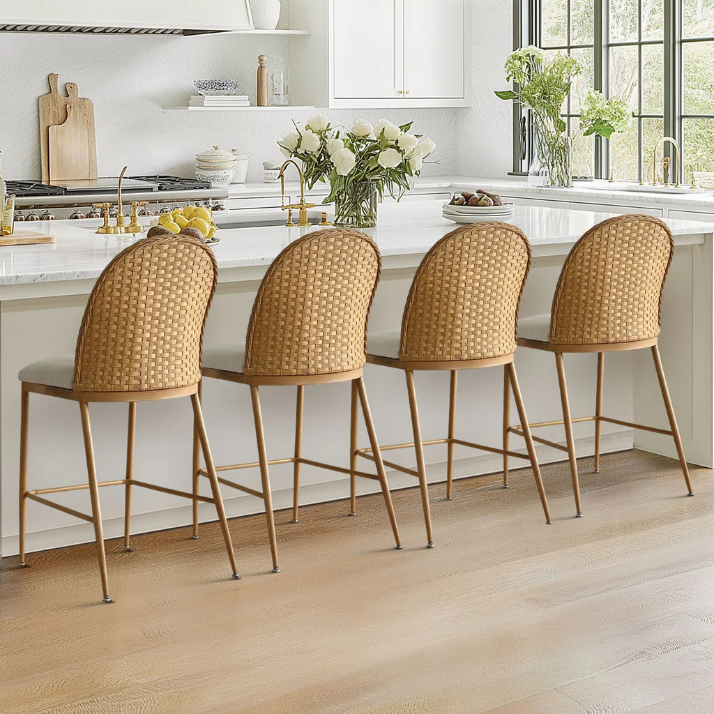 Barcelona 25.5" Beige Rattan Upholstered Counter Stool (Set of 4) | Pop Maison