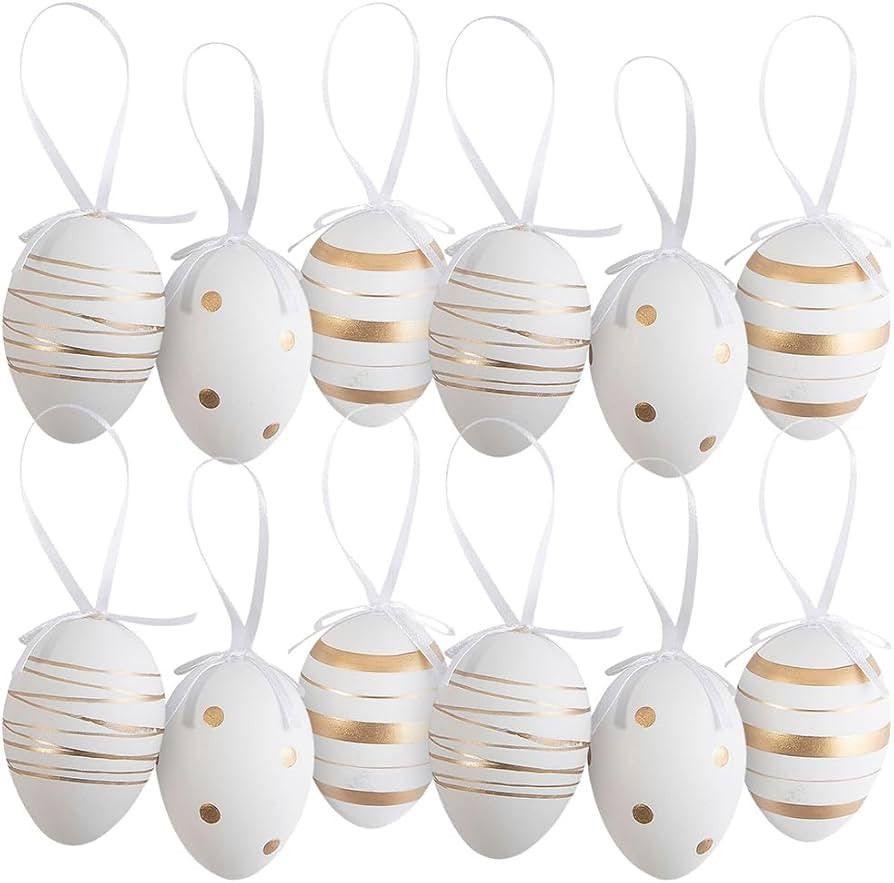 Gold & White Patterned Plastic Easter Ornaments - 12 Pieces | Amazon (US)