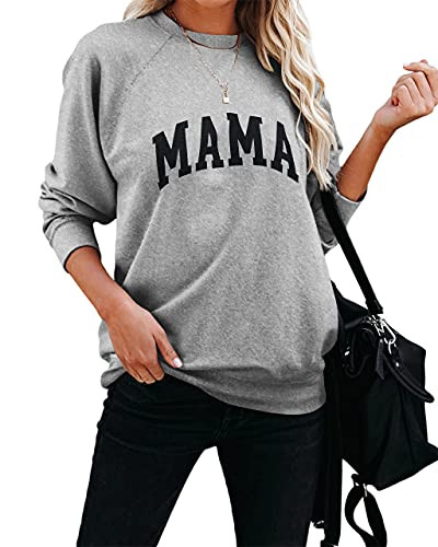 Dressmine Long Sleeve Mama Sweatshirts for Women Casual Cute Crewneck Pullover Loose Letter Print Graphic Tees Fall Shirts Grey XX-Large | Amazon (US)