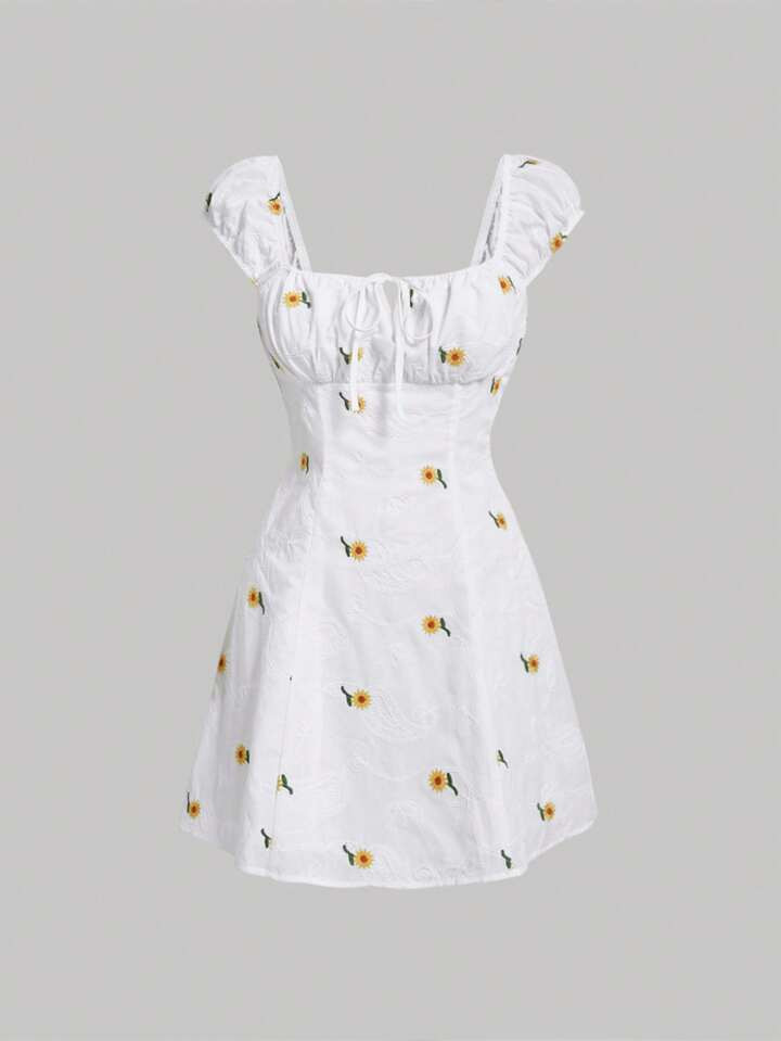 SHEIN MOD Floral Embroidery Ruched Bust Dress | SHEIN