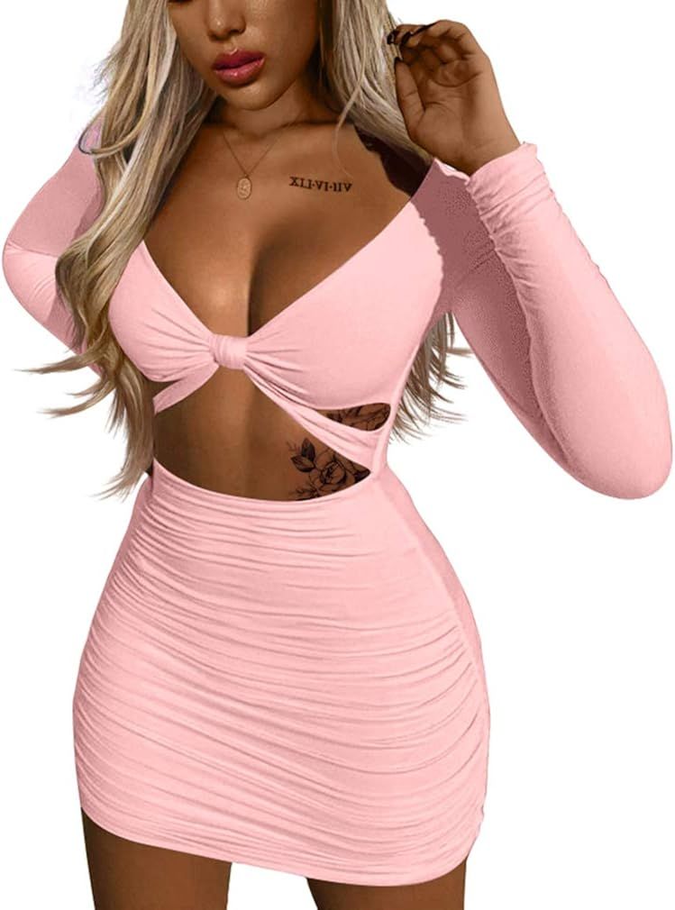 XXTAXN Women's Sexy Bodycon Deep V Neck Long Sleeve Cut Out Club Mini Dress | Amazon (US)