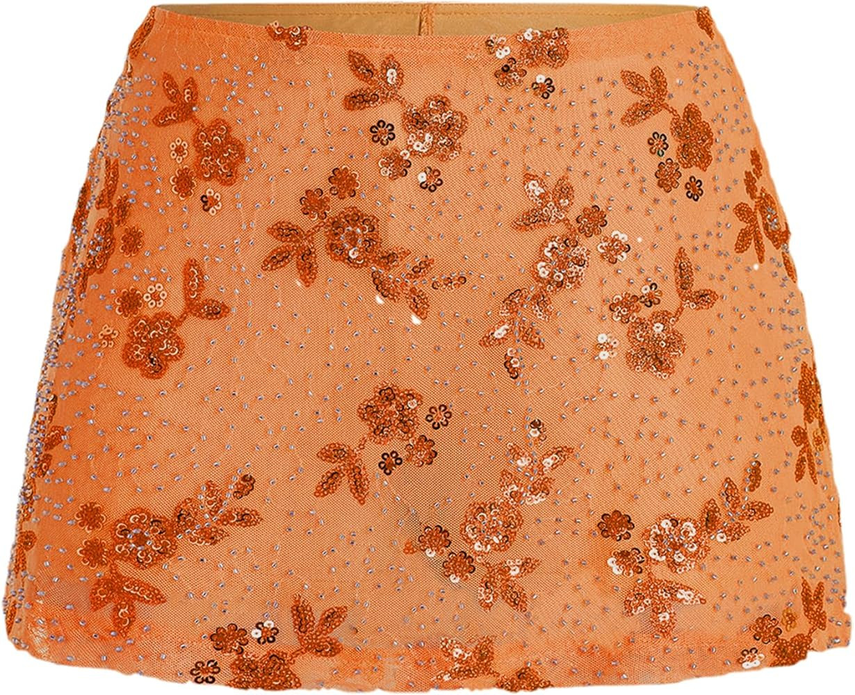 Women's Sequin Skirt Sparkly Low Rise Mini Skort Y2K Beaded Rhinestone Skirt Summer | Amazon (US)