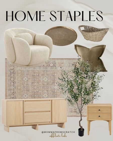 Neutral Home furniture and decor from Walmart and amazon! Console table, buffet cabinet, nightstand, area rug, accent chair, olive tree, pillows, gold tray, basket.

#LTKsalealert #LTKhome #LTKstyletip