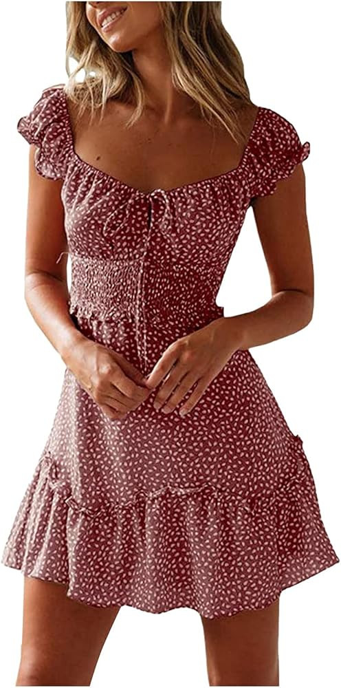 Sundress for Women Fashion Summer Casual Sweetheart Neckline Puff Sleeve Floral Print High Waist ... | Amazon (CA)