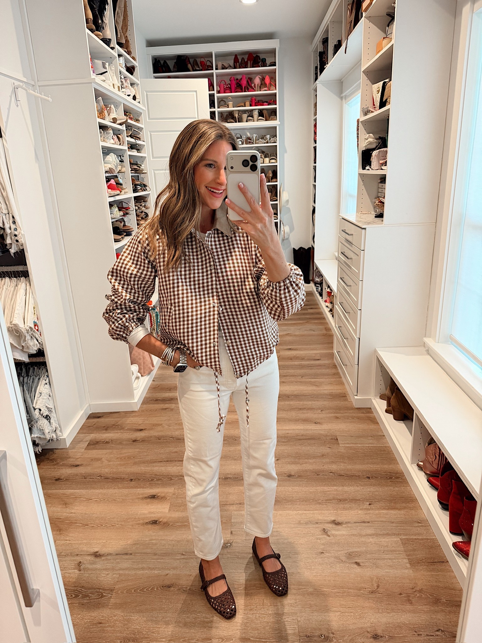 In a small jacket, small top, size 27 jeans, flats and accessories - fits tts.

#LTKootd #LTKgrwm #LTKSeasonal