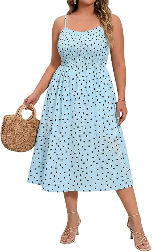 Beautife Women's Plus Size Midi Dress Summer Polka Dot Square Neck Long Dresses Spaghetti Strap S... | Amazon (US)