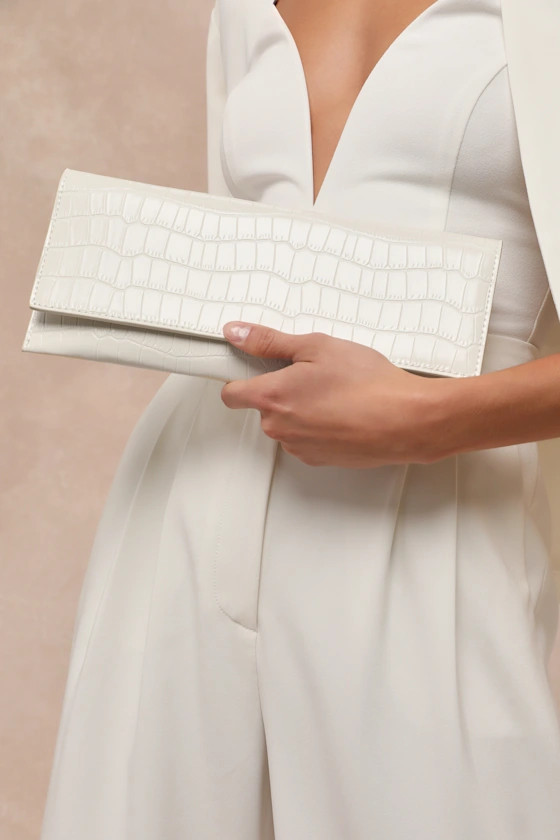 Adelle Ivory Croc-Embossed Clutch | Lulus