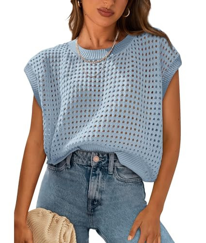 PRETTYGARDEN Womens Spring Tops 2026 Summer Shirts Crochet Cap Sleeve Sweater Pullover Cute Beach Vacation Clothes(Light Blue,Small) | Amazon (US)