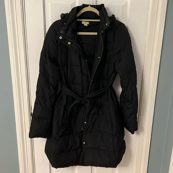 J.Crew Factory Black Puffer Jacket with Hood, Gold Details, and Belt | Poshmark