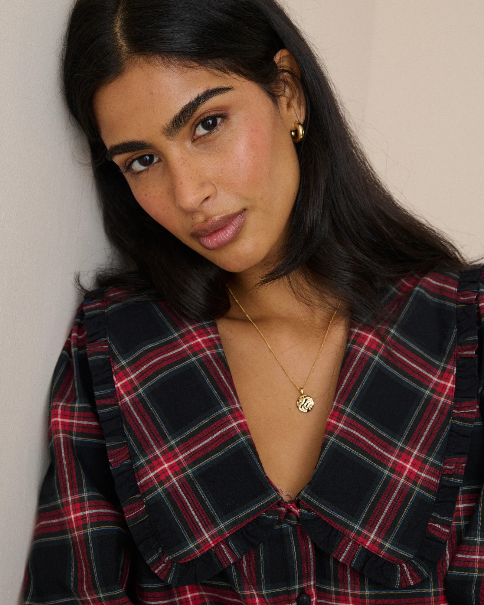 Red Tartan Cord Oversized Collar Blouse | Nobody's Child