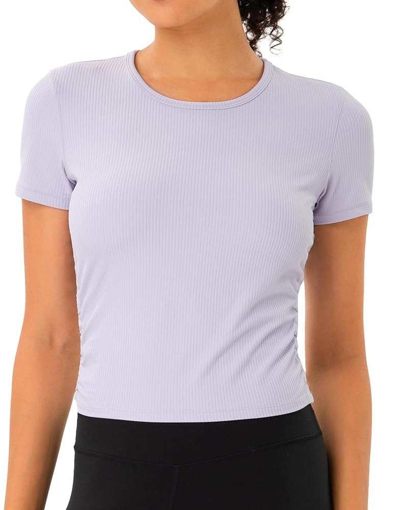 YUNOGA Womens Workout Top Short Sleeve Ribbed T-Shirt Compression Athletic Yoga Shirts | Amazon (US)