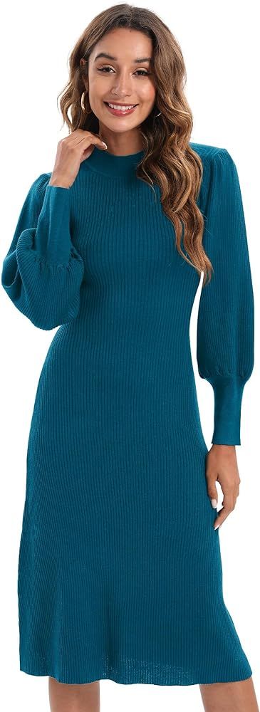 Women Maxi Dress Sexy Crew Neck Puff Long Sleeve Wrap Knit Plus Size Sweater Dress Midi Pullover | Amazon (US)