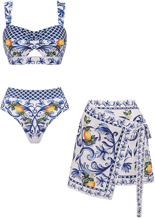 FLAXMAKER Women's High Waisted Bikini Sets Lemon Print Two Piece Modest Bathingsuit Swimsuit Skir... | Amazon (US)