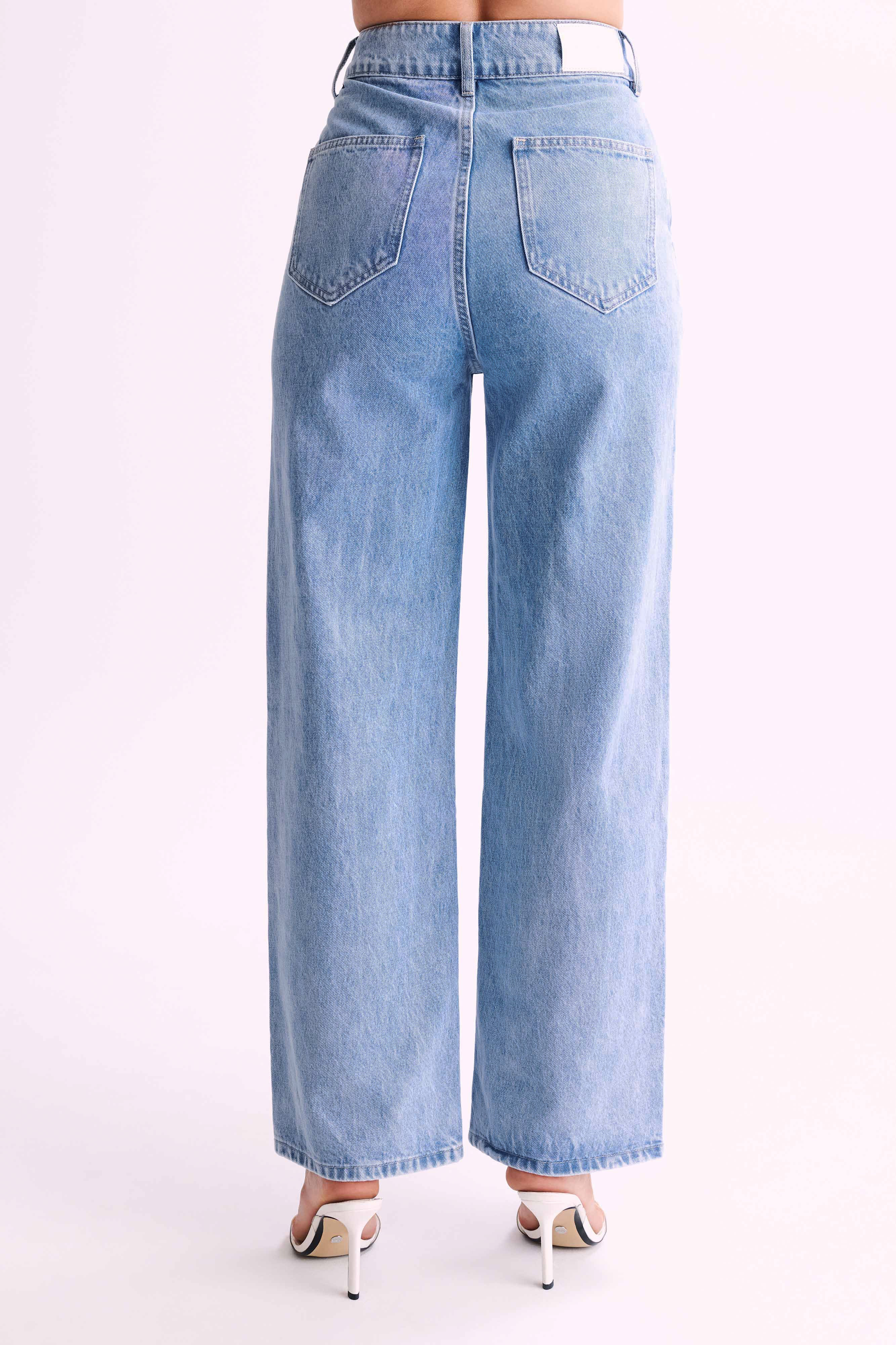 Roxy Wide Leg High Waist Denim Jeans - Mid Blue | MESHKI US