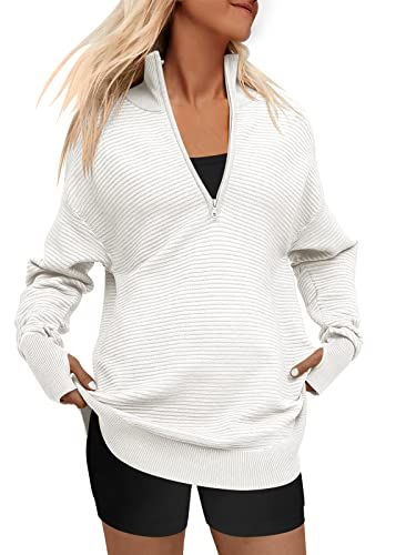 ANRABESS Women's 2023 Fall Long Sleeve Half Zip V Neck Collared Casual Oversized Ribbed Knit Pullove | Amazon (US)
