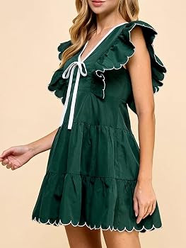 HOULENGS Women's Summer Ruffle Sleeve Babydoll Mini Dress Casual V Neck Tie Front Flowy Tiered Sh... | Amazon (US)