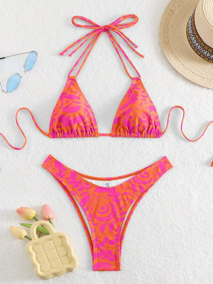 SHEIN Swim Women Floral Print Halter Neck Tie Bikini Set For Summer Beach Vacation | SHEIN