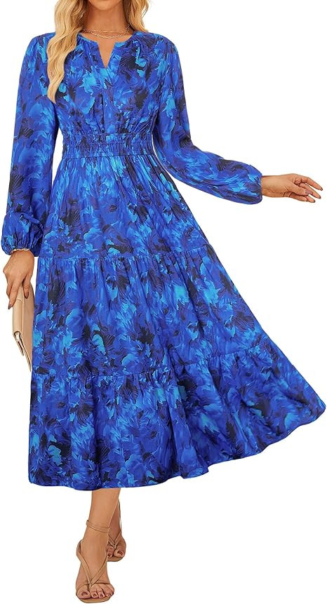 GRACE KARIN Womens Floral Maxi Dress 2026 Spring Wedding Guest Dress Long Sleeve V Neck Boho A Li... | Amazon (US)
