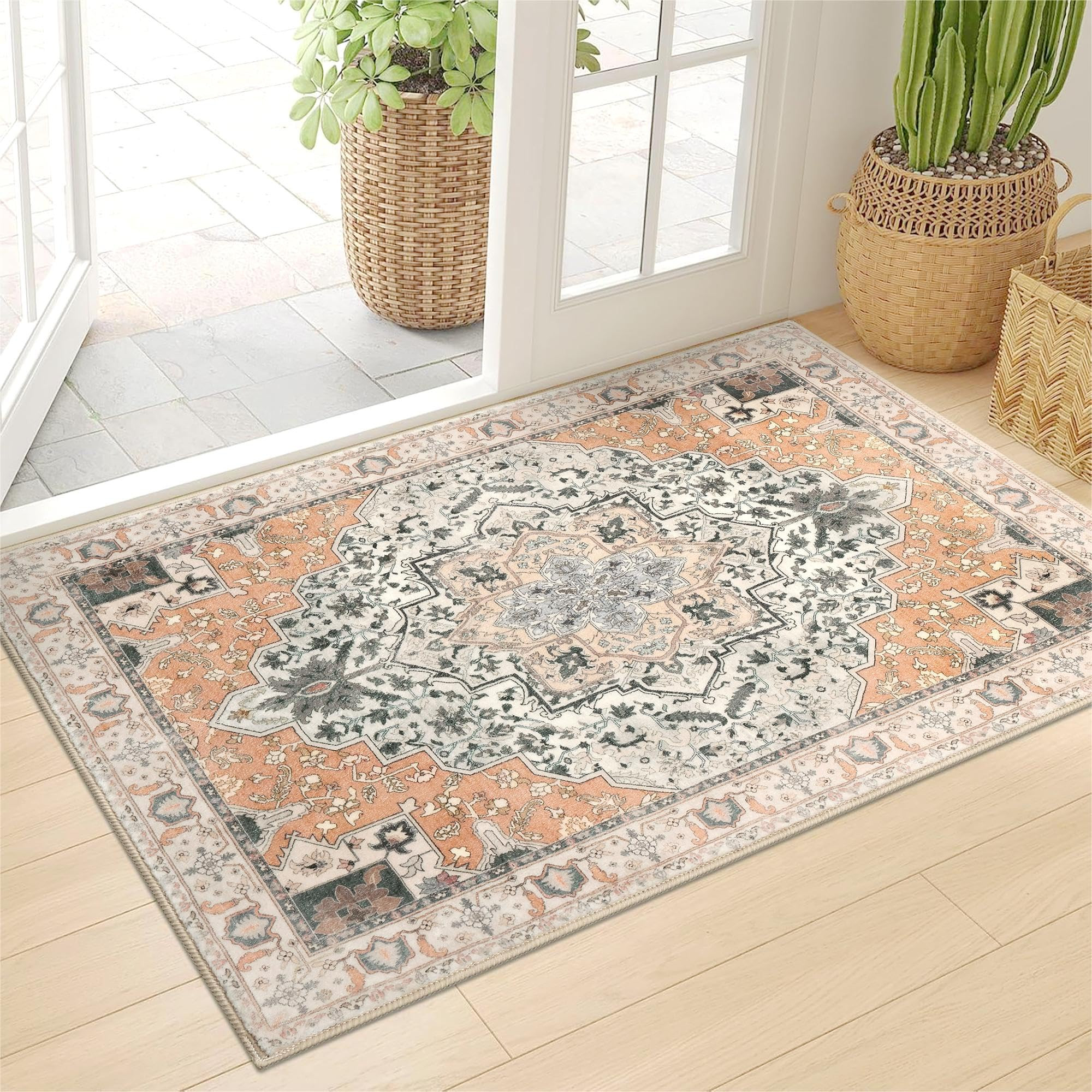 OLANLY Small Area Rug, 2x3 Soft Non Slip and Low Pile Door Mat, Vintage Floral Print Washable Ent... | Amazon (CA)