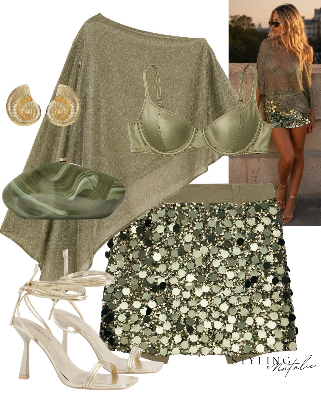 Summer nights ✨
Green sequin mini skirt, green metallic cape top, satin bra, green acrylic clutch and spiral sea shell earrings and gold lace up heels. 
🏷️ Zara, asos,Green outfit, Ibiza outfit, date night, Saint Tropez, Dubai, holiday outfit, club, night out look, party wear, vacation style. @Zara @ASOS

#LTKsummer #LTKpartywear #LTKeurope