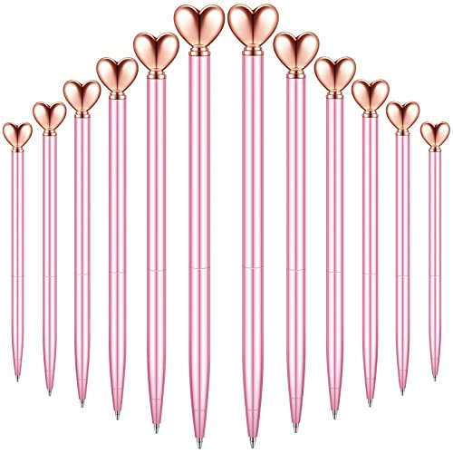 Chinco 12 Pieces Valentine's Day Heart Shaped Pens Black Ink Retractable Metal Decorative Cute Pens Heart Ballpoint for Valentines Party Favor Women Wedding Bridal Shower Gifts(Pink) | Amazon (US)