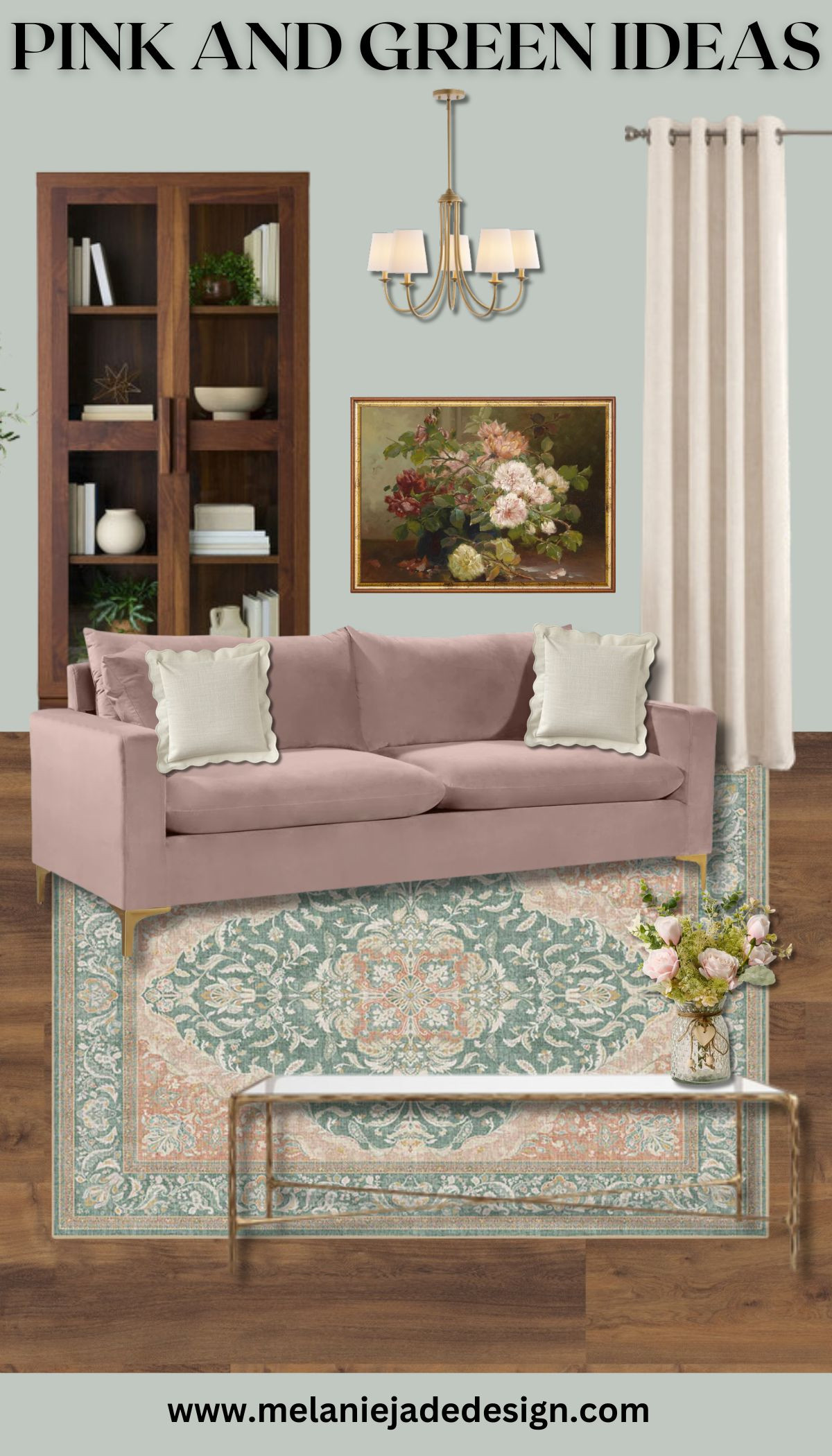 Pink and green living room with soft sage green walls, pink velvet sofa, pink and green rug and walnut furniture 

 #LTKwinter #LTKhome #LTKstyletip