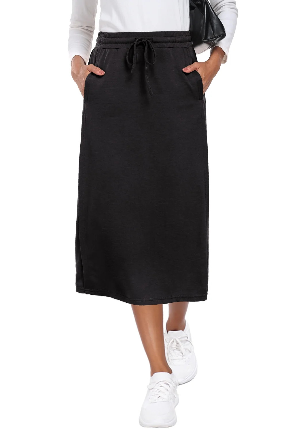 JWD Women's Skirts Elastic Waist Back Slit Wrap Flowy Maxi Skirt With pocket Black M | Walmart (US)