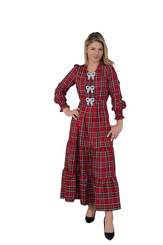 Women's Holiday Dress - Red Plaid Midi/Maxi Cocktail Dress with Pearl Bow Details, (S-XL) (US, Alpha, Large, Regular, Regular, Red) | Amazon (US)
