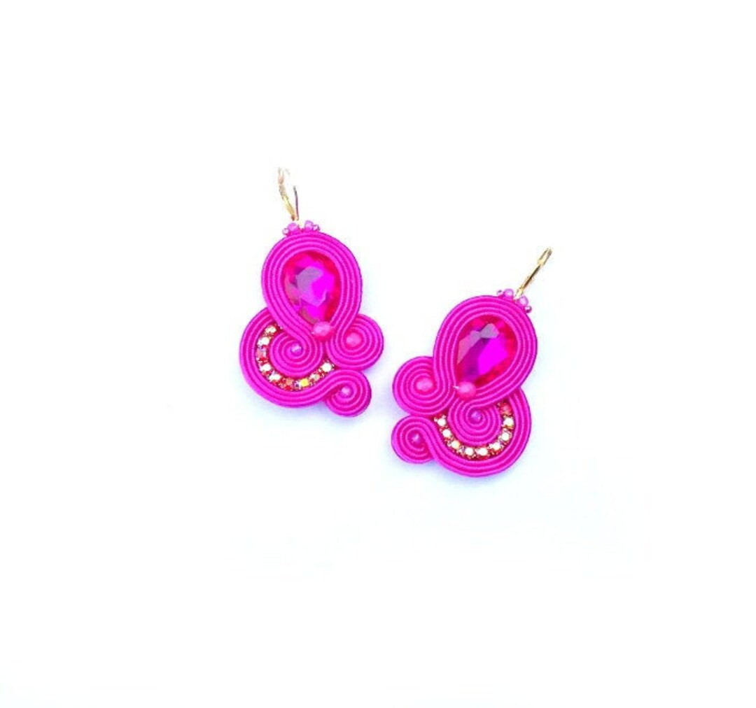 Fuchsia Pink Earrings, Dangle Earrings, Soutache Earrings With Crystals, Pink Earrings, Fuchsia E... | Etsy (US)