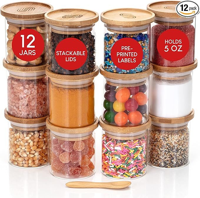 Glass Spice Jars with Bamboo Lids Set of 12 - 5 oz Airtight Glass Jar Storage Containers Stackabl... | Amazon (US)