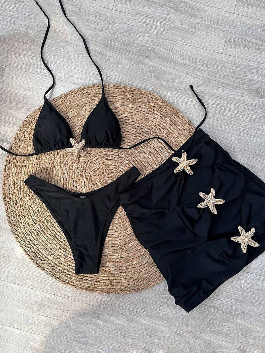 Women's Sexy Halter Tie Starfish 3pcs Bikini Set, Beach Vacation Style Summer | SHEIN