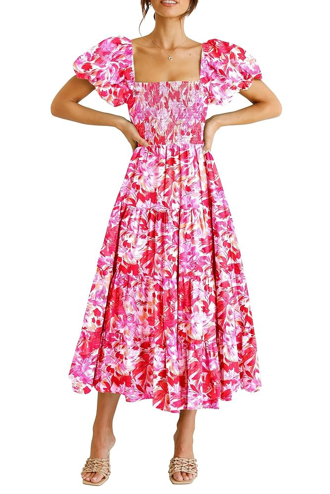 PRETTYGARDEN Women's 2025 Summer Casual Midi Dress Puffy Short Sleeve Square Neck Smocked Tiered ... | Amazon (US)