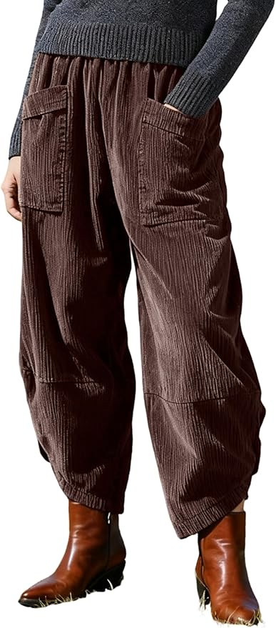 Yeokou Corduroy Pants Women Barrel Wide Leg Elastic High Rise Fall Casual Trousers with Pockets | Amazon (US)