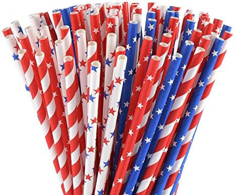 ALINK American Flag Red Blue White Paper Straws, 100 Stripe/Star Biodegradable Straws for Memoria... | Amazon (US)