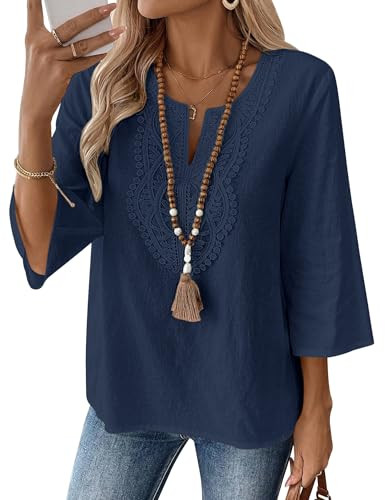 LOMON 3/4 Length Sleeve Womens Tops Loose Fit Boho Tops Cotton Linen V Neck Shirt Spring Dressy P... | Amazon (US)