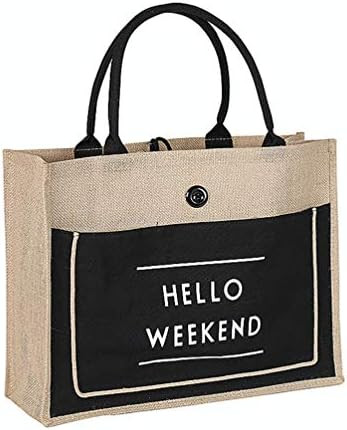 JOSSOIOJ HELLO WEEKEND Printed Custom Jute Tote Bags with Canvas Front Pocket Reusable Natural Bu... | Amazon (US)