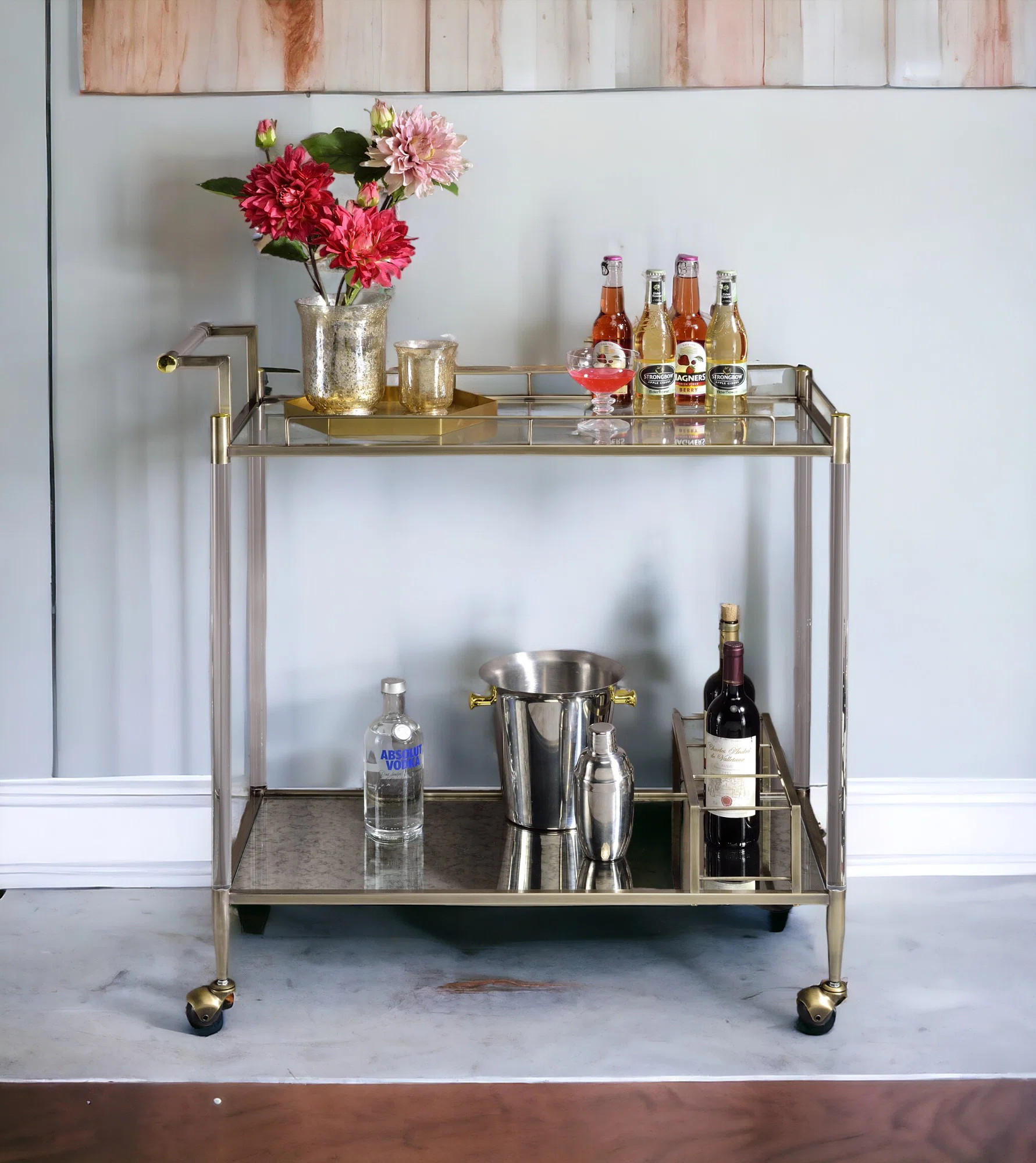 NFusion Vincenzo Metal Bar Cart with Glass Shelves & Wine Holder | Wayfair | Wayfair North America