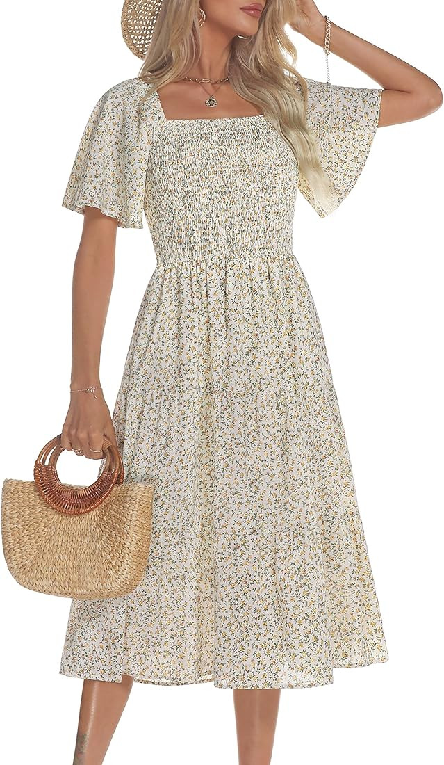 Zattcas Women's 2023 Spring Summer Boho Midi Dress Flutter Sleeve Square Neck Flowy Smocked Tiere... | Amazon (US)